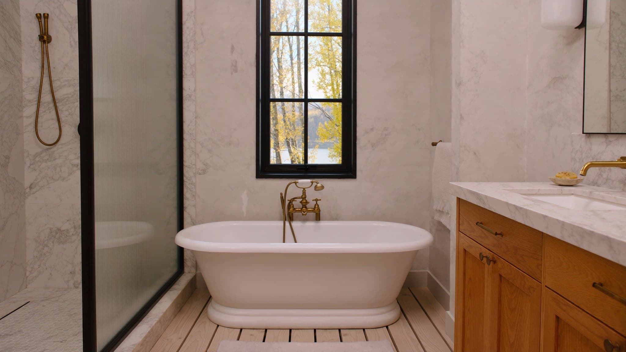 Render: primary bath with soapstone vanity and walk-in shower