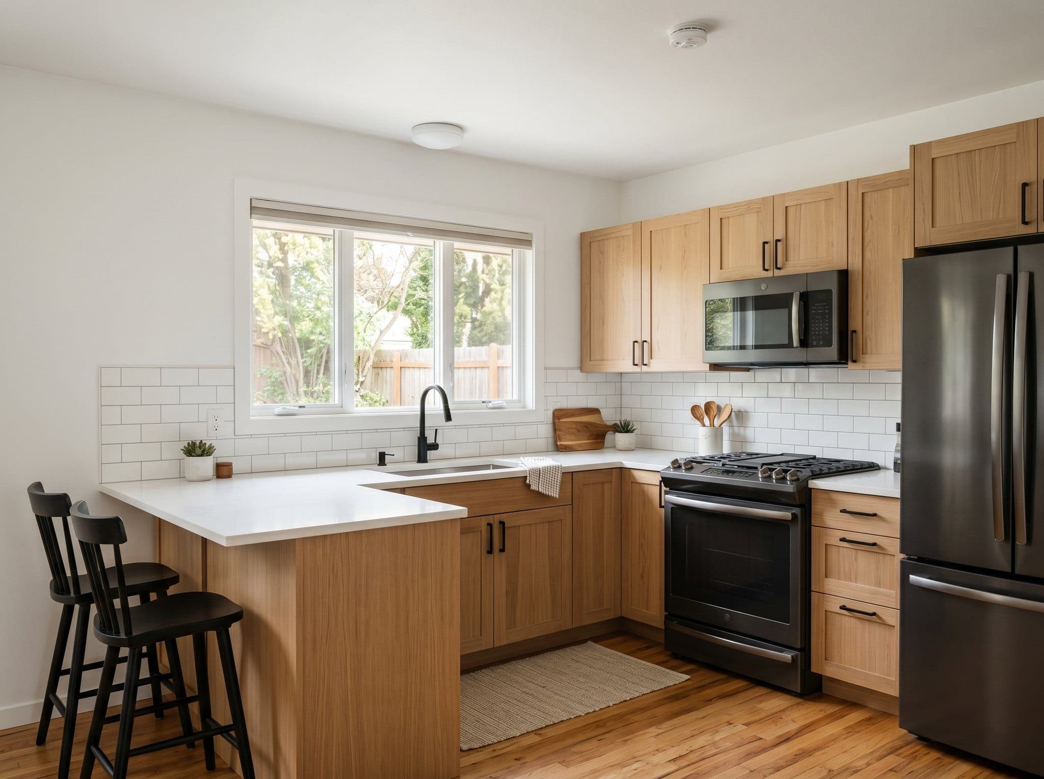 Render: just-flipped kitchen with Semihandmade Shaker fronts, white quartz, matte-black pulls