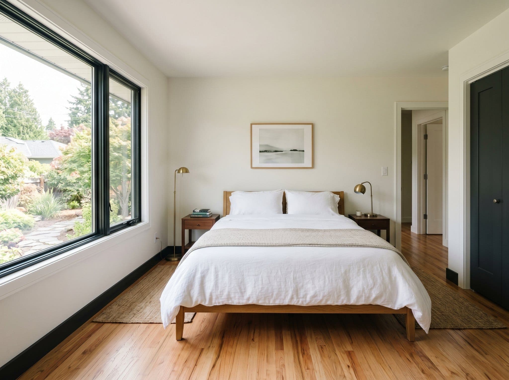 Render: primary bedroom, refinished red-oak floors, charcoal baseboards, simple linens