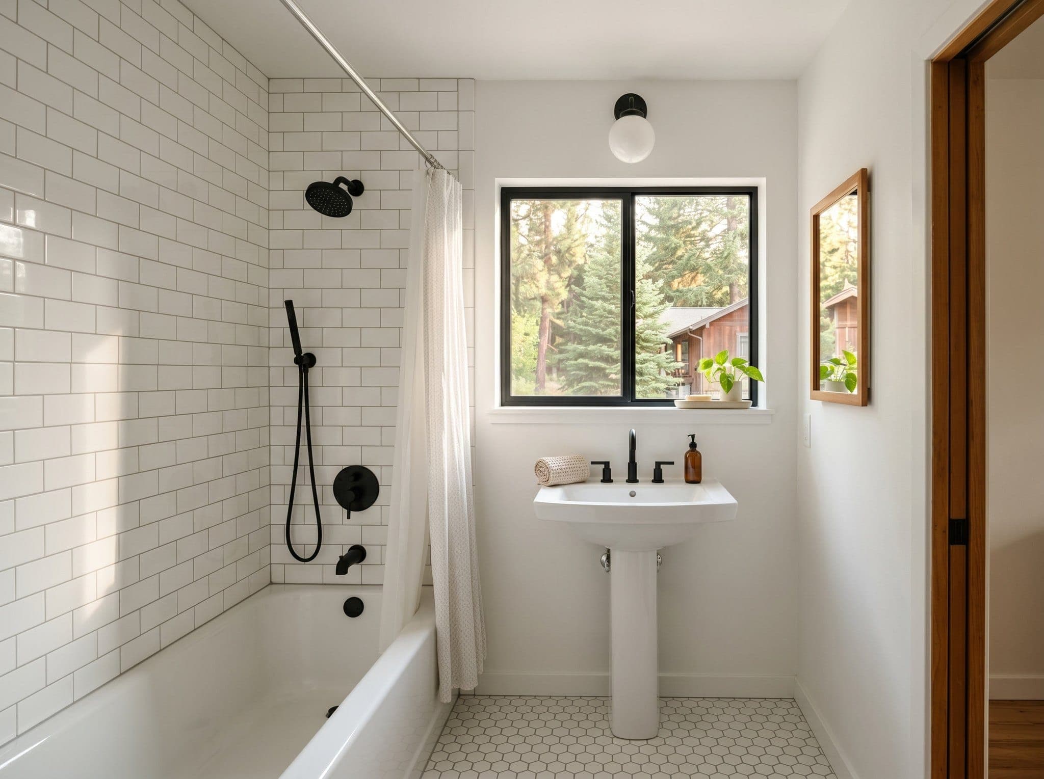 Render: just-flipped bath with subway tile to ceiling, hexagonal porcelain floor, pedestal sink