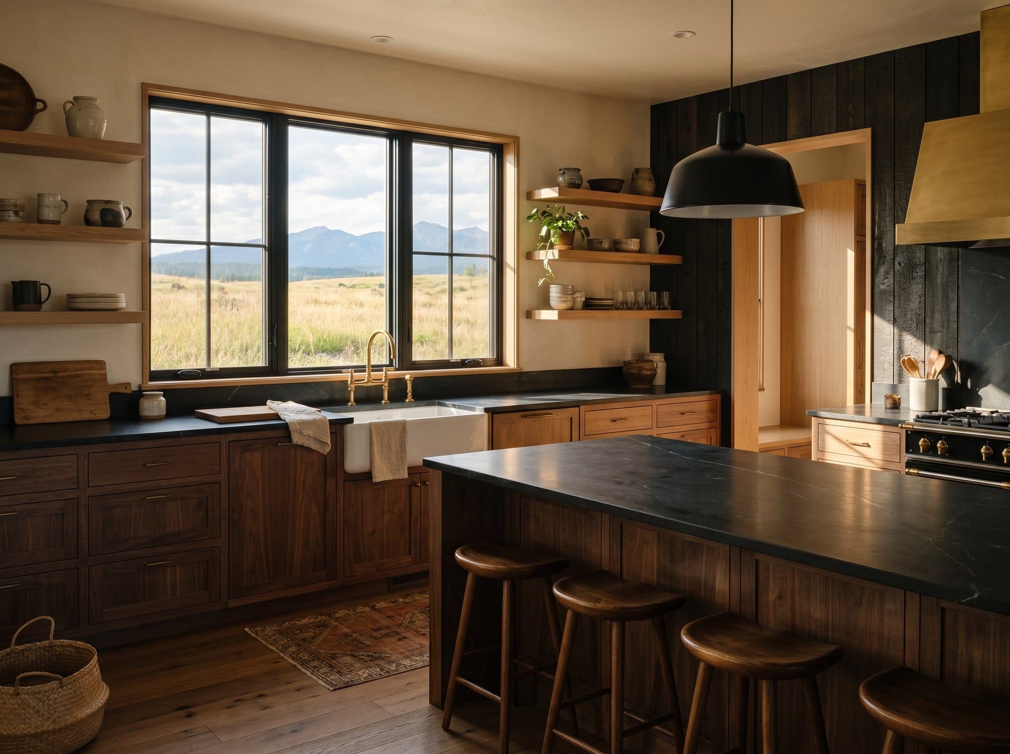 Render: sun-soaked kitchen with walnut-stained oak cabinetry, soapstone island, brass tap