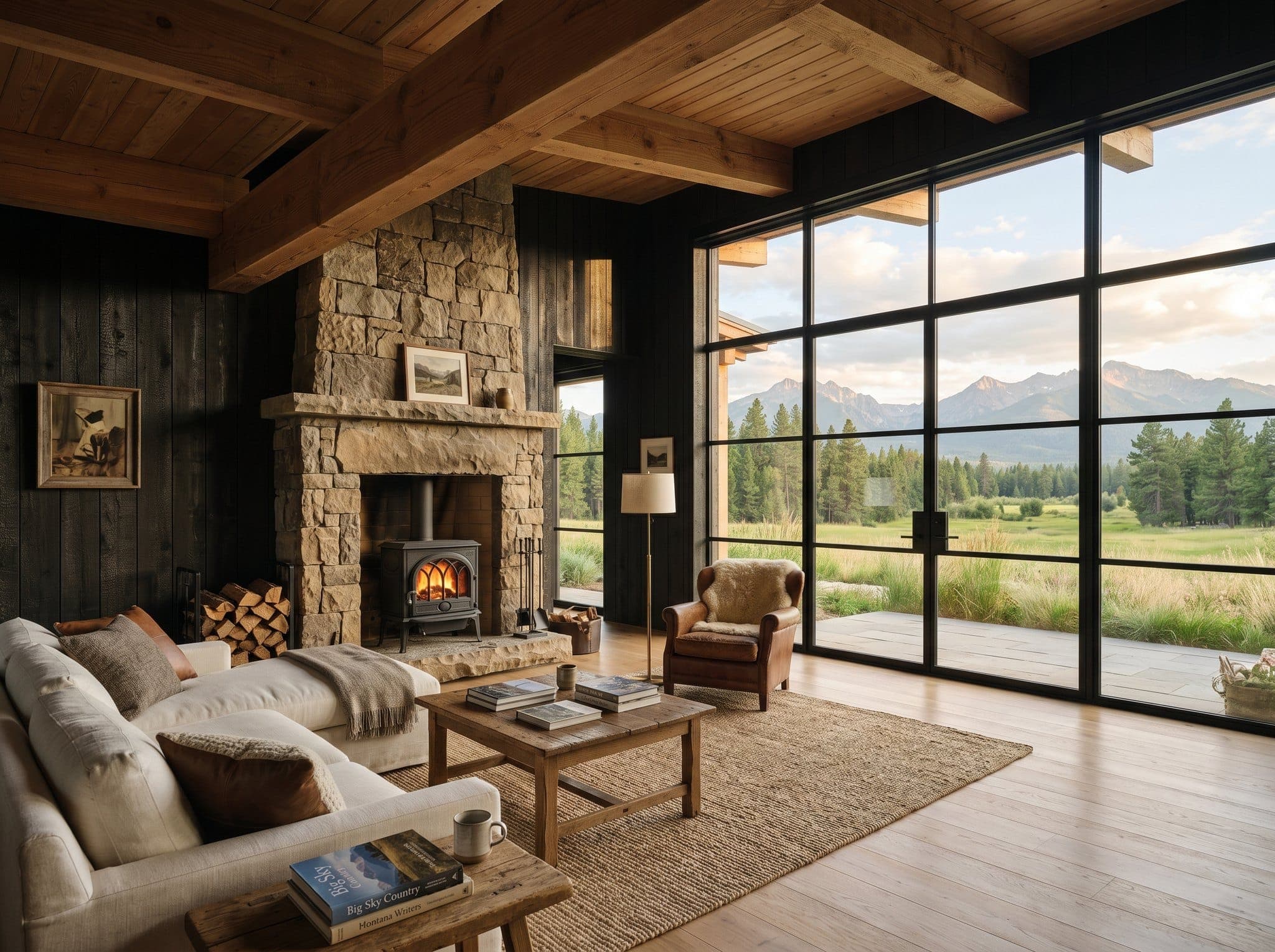 Render: living room with local sandstone hearth, exposed Douglas-fir purlins, meadow view