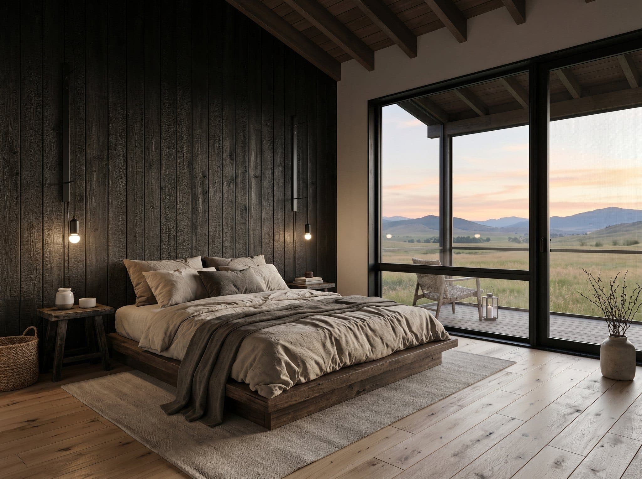 Render: primary bedroom with charred-cedar accent wall, screened sleeping porch beyond