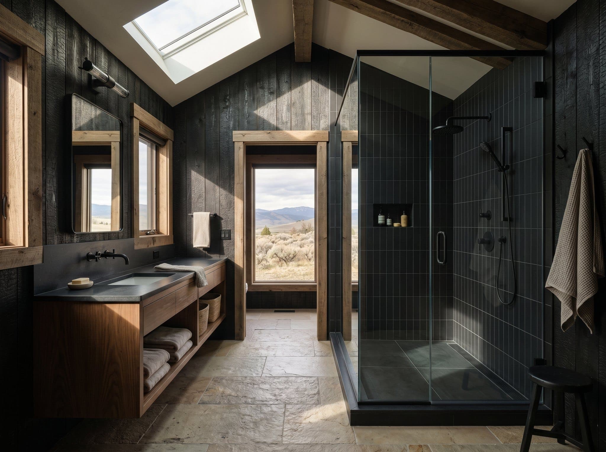Render: primary bath with Montana sandstone floor, walnut oak vanity, skylight