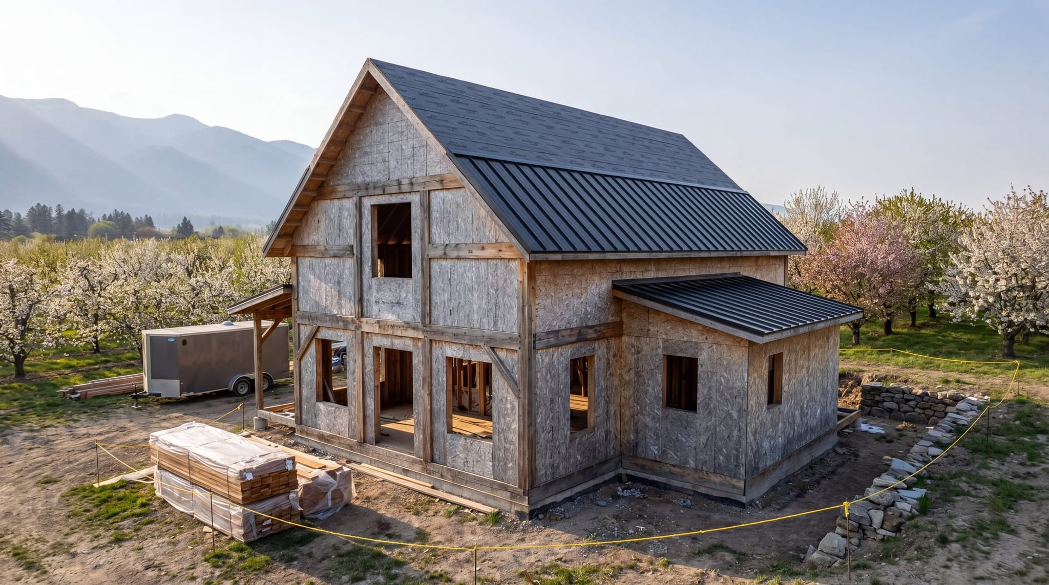 Framed two-storey gable mid-build on a blooming apple-and-cherry orchard