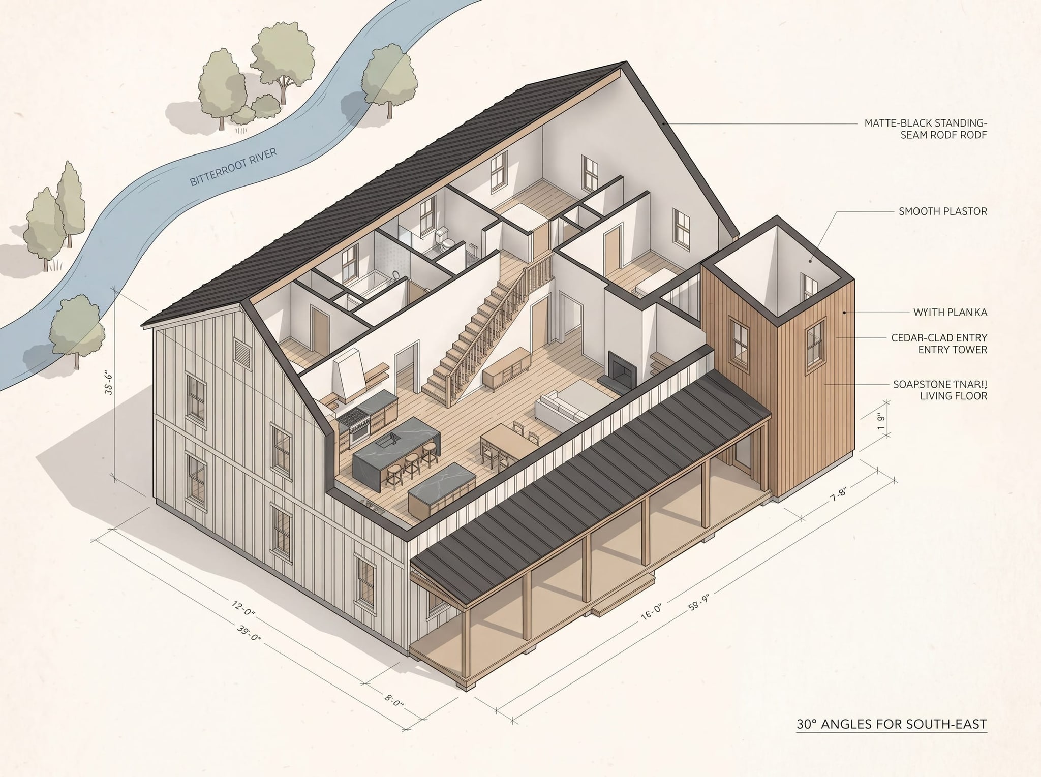 Isometric architectural cutaway showing painted-bone board-and-batten and cedar entry tower