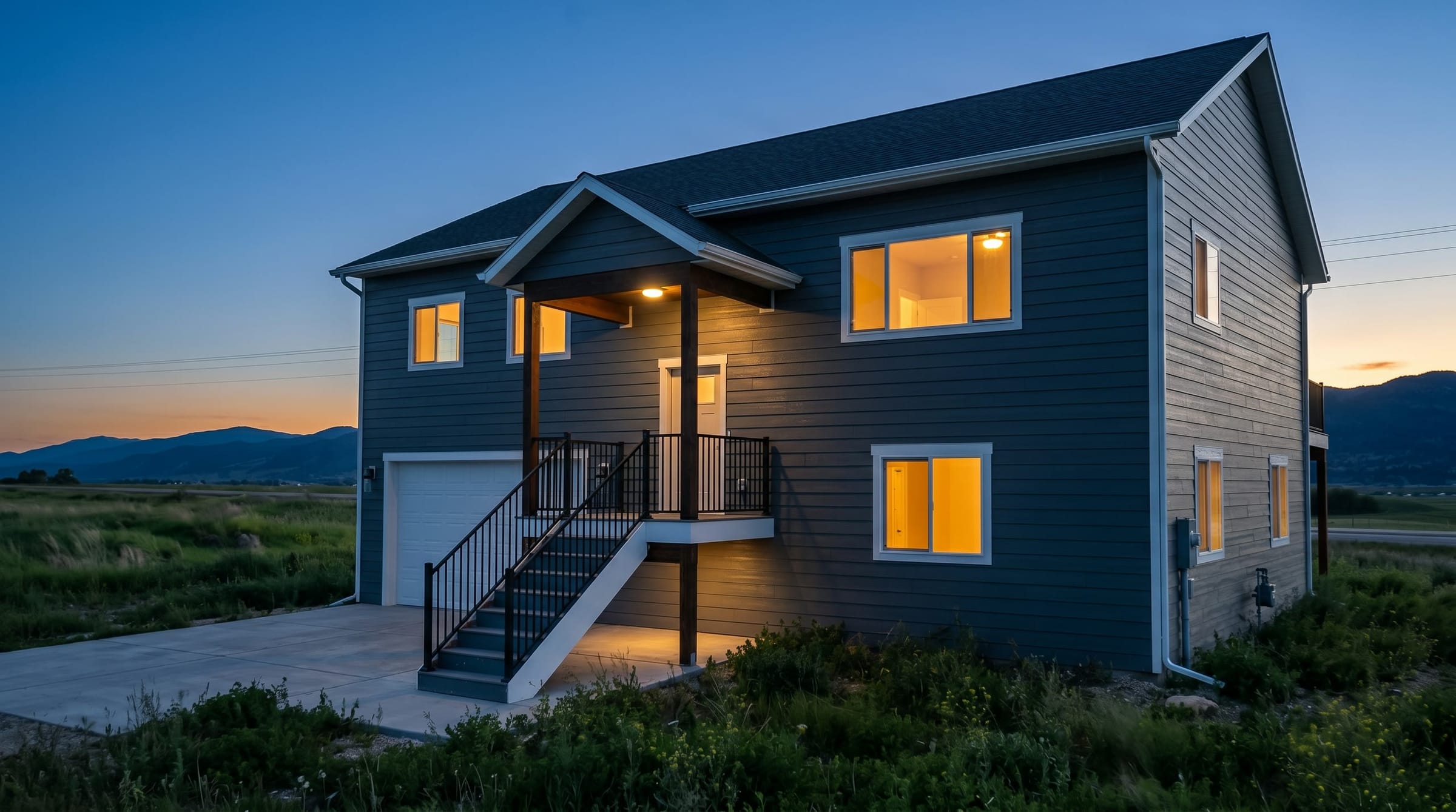 Candace's first build — Dark board-and-batten, cedar timber porch, the one she actually built.