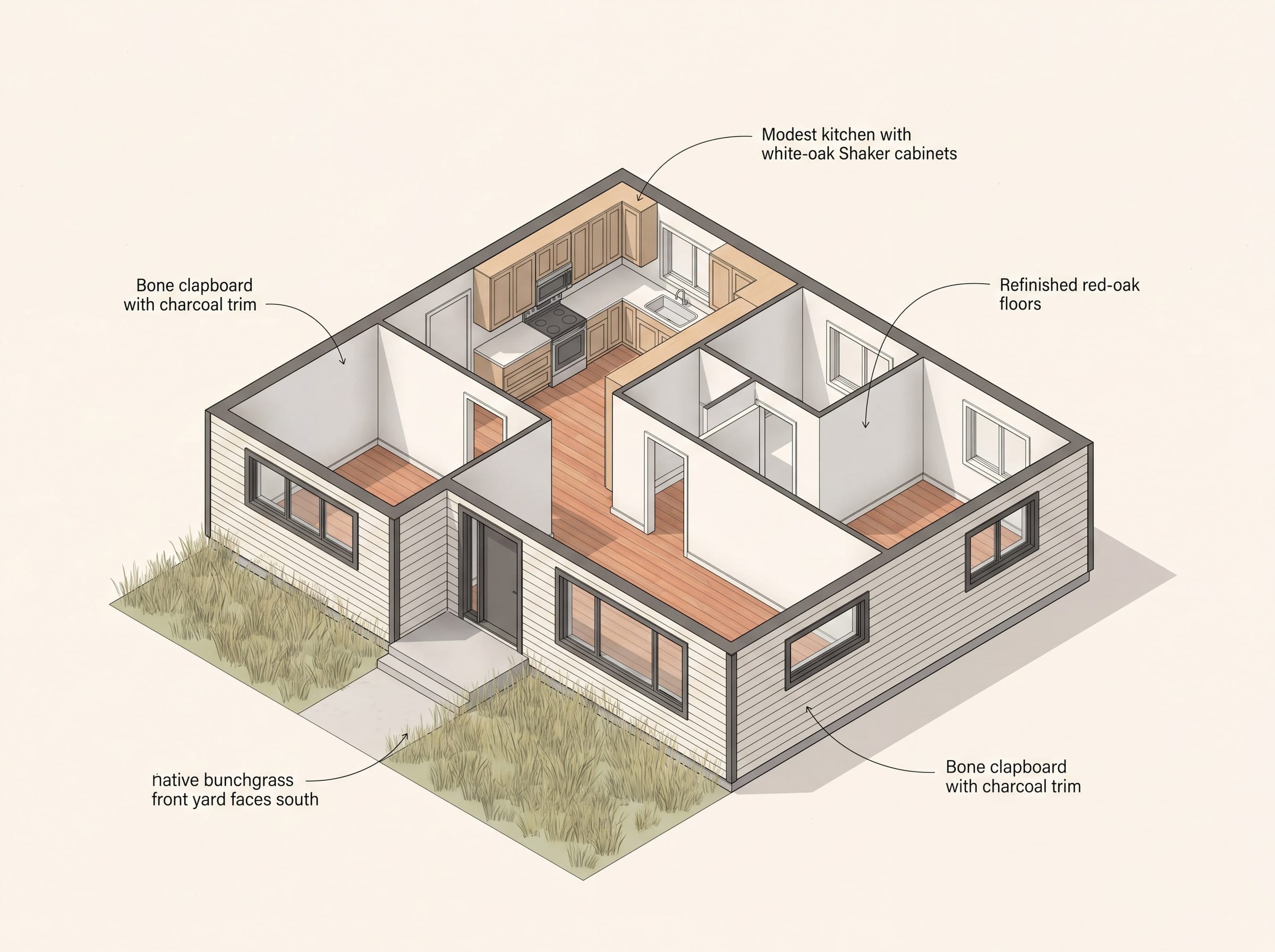 Isometric cutaway showing painted-bone clapboard repaint with charcoal trim and refinished red-oak floors