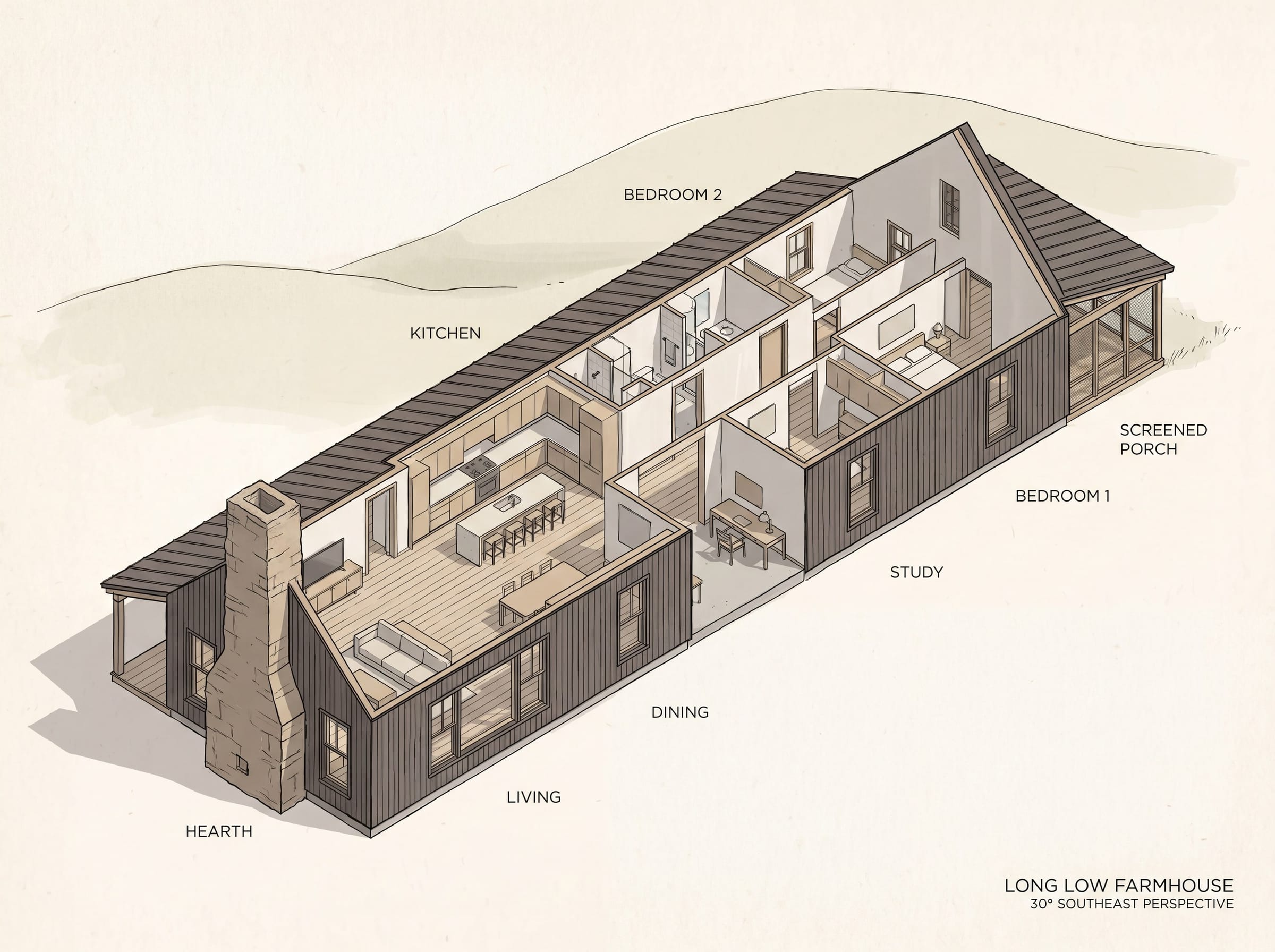 Isometric cutaway showing charred-cedar shou-sugi-ban exterior and long low silhouette