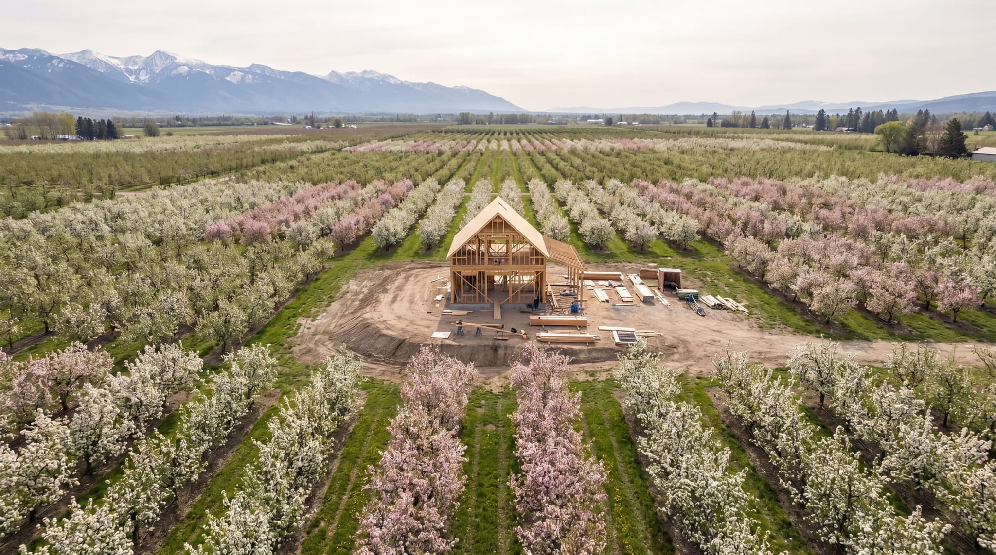 Aerial drone view at 200ft showing the framed house centered in nine acres of blooming apple-and-cherry orchard rows