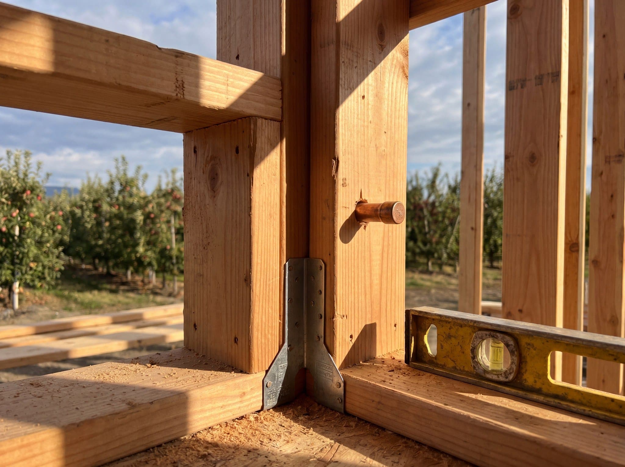 Architectural close-up of Douglas-fir stud framing detail with Simpson hardware, copper rough-in, and orchard blossom blurred behind