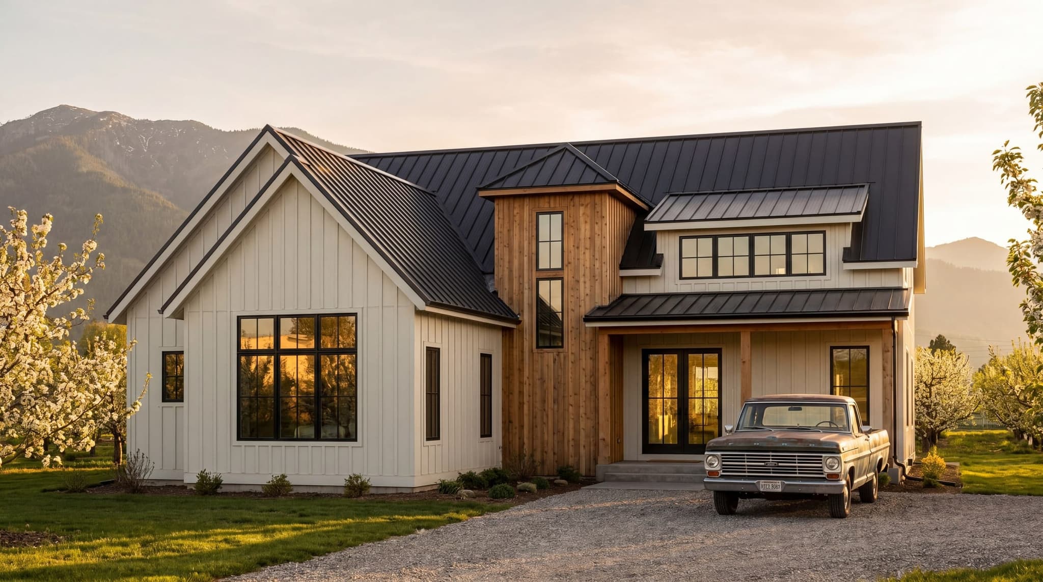 Render: the same orchard farmhouse finished — painted-bone cladding, cedar entry tower, ranch truck at the entry, orchard in late-spring bloom