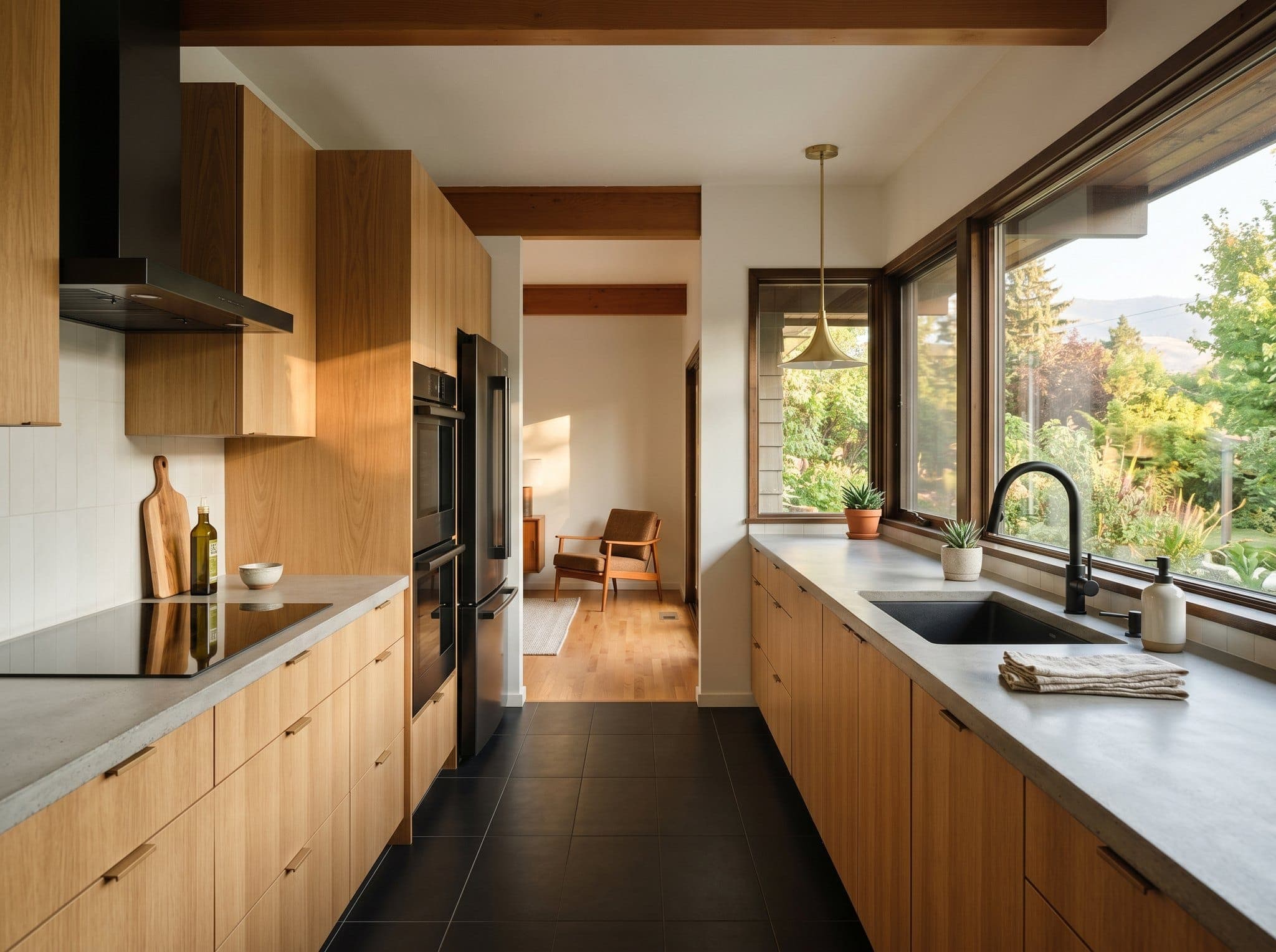 Render: renovated kitchen with white-oak galley cabinetry, Caesarstone counters, brass pendant