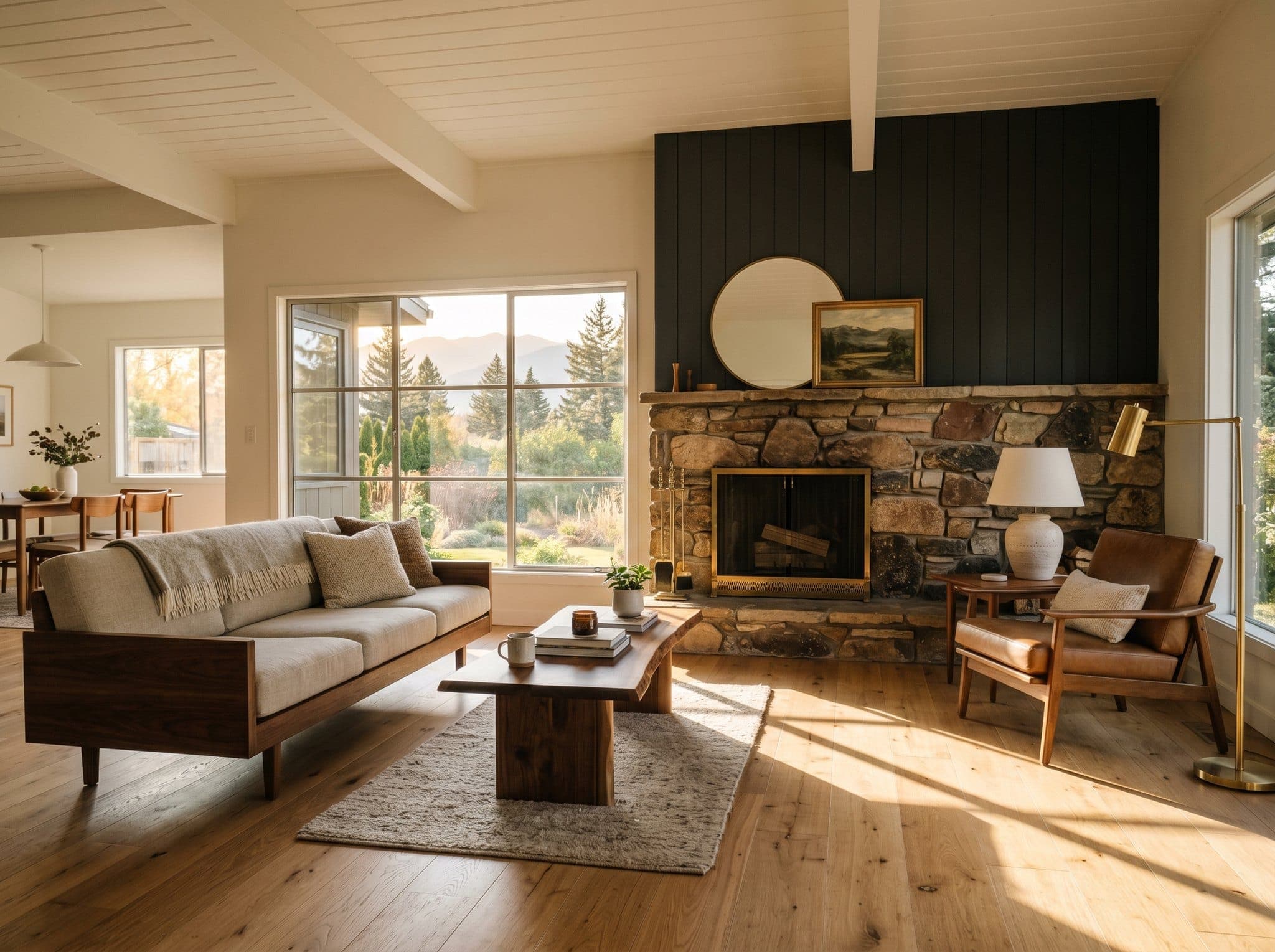 Render: renovated living room with original stone chimney exposed, 12-foot south picture window