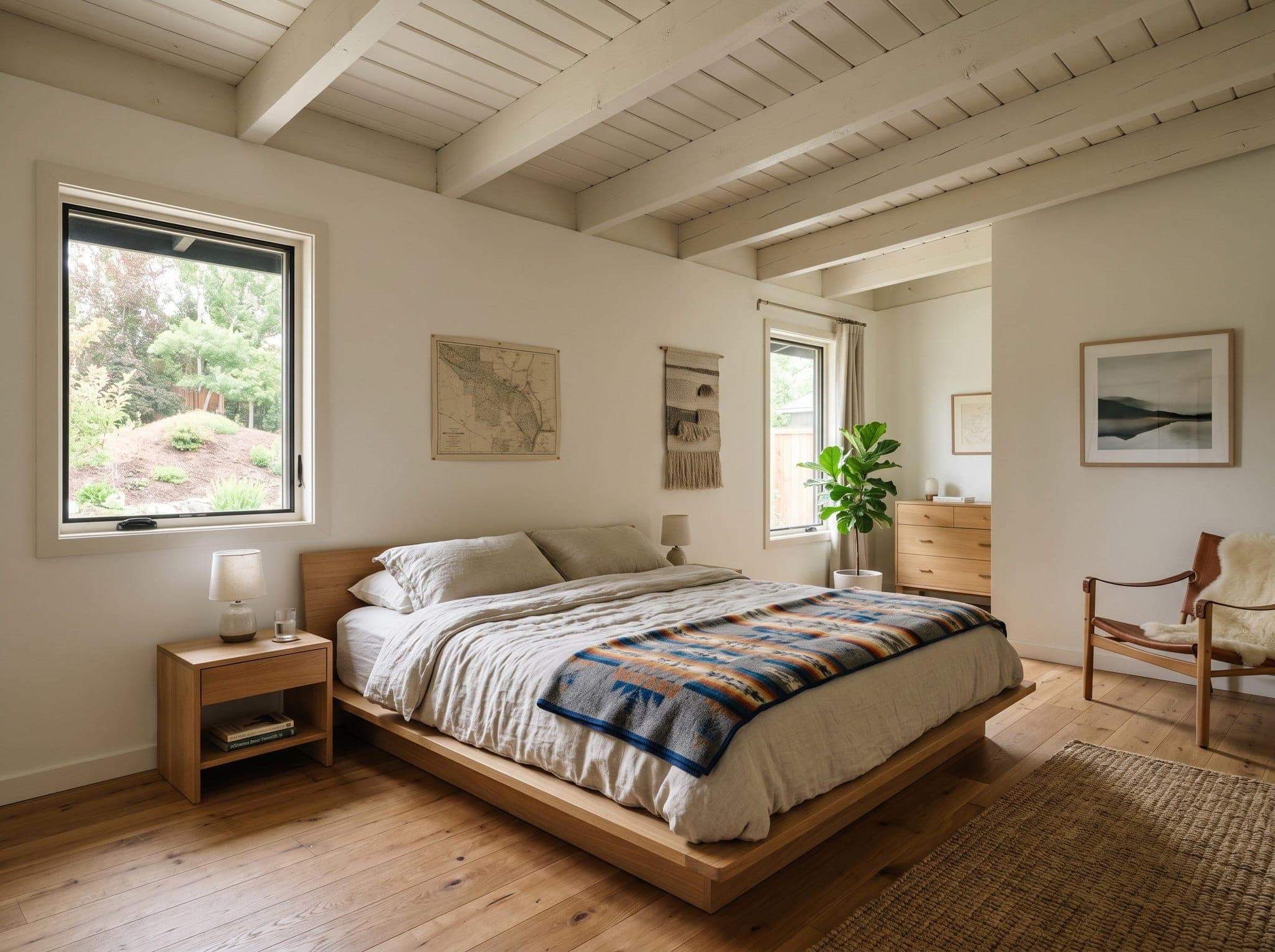 Render: primary bedroom with original ranch ceiling boards painted bone, Pendleton blanket