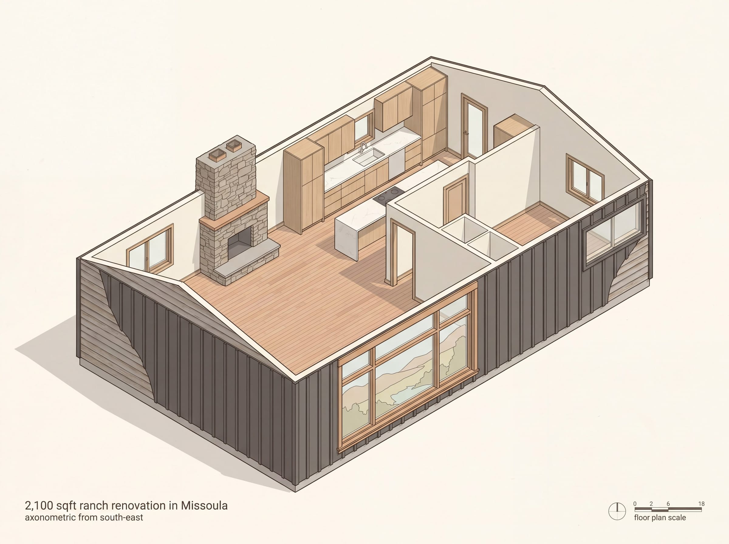 Isometric cutaway showing new charcoal cladding over original lap siding and 12-foot south picture window