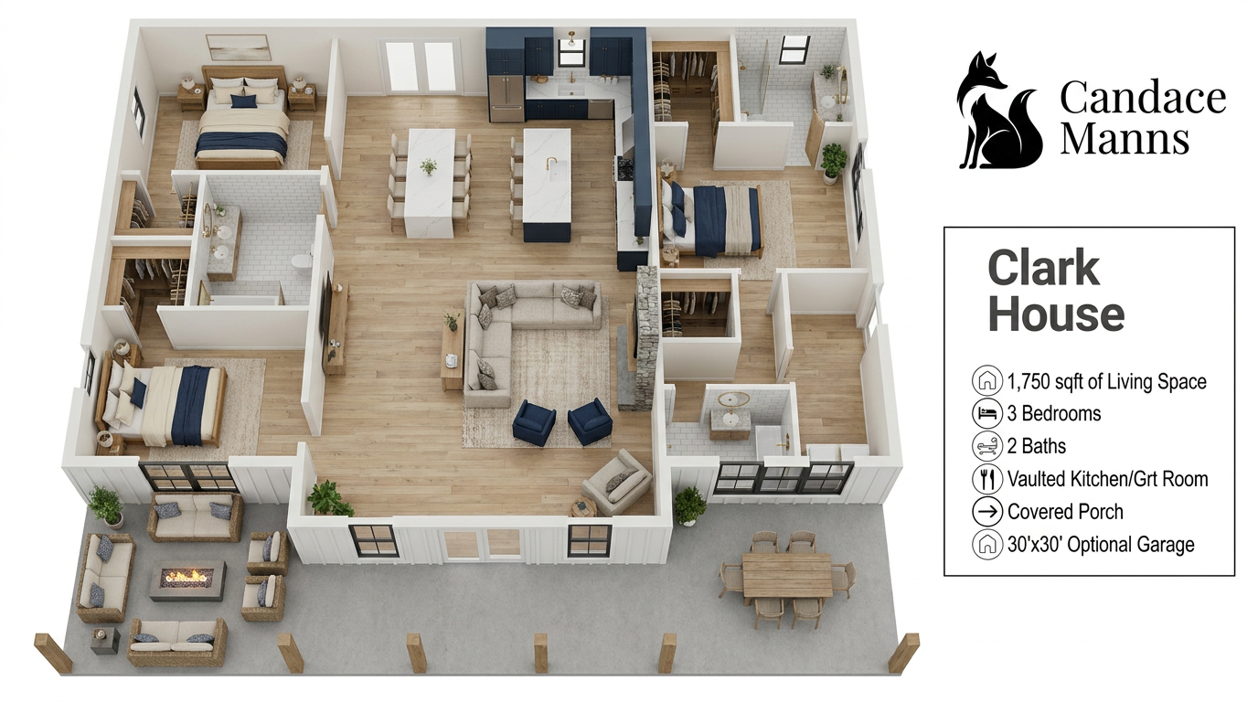 Clark House floor plan — 1,750 sqft, 3 bedrooms, 2 baths, vaulted kitchen / great room, covered porch, optional 30' × 30' garage
