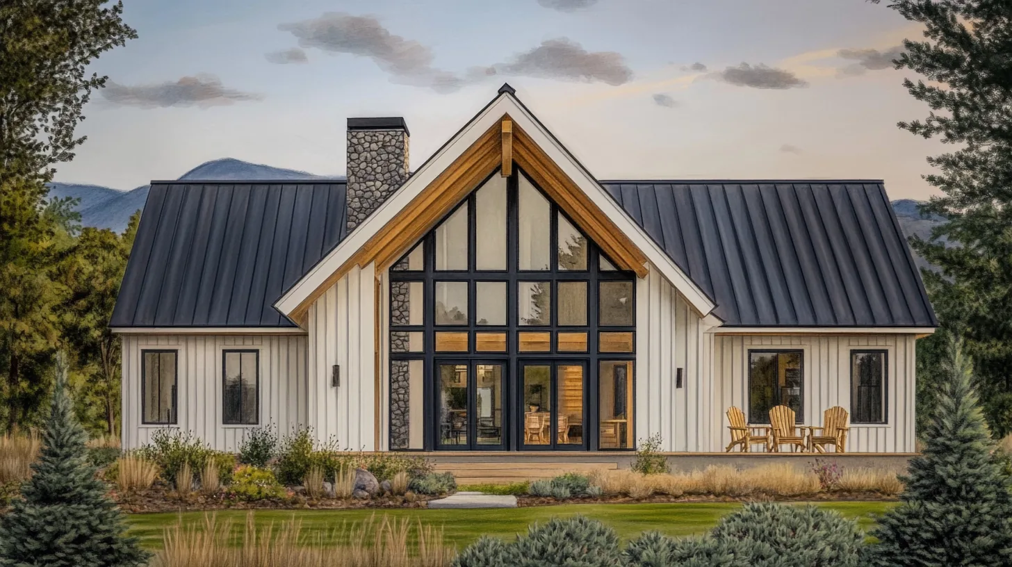 The Clark House — a modern Montana farmhouse with a central A-frame glazing, stone chimney, and warm interior lights at dusk